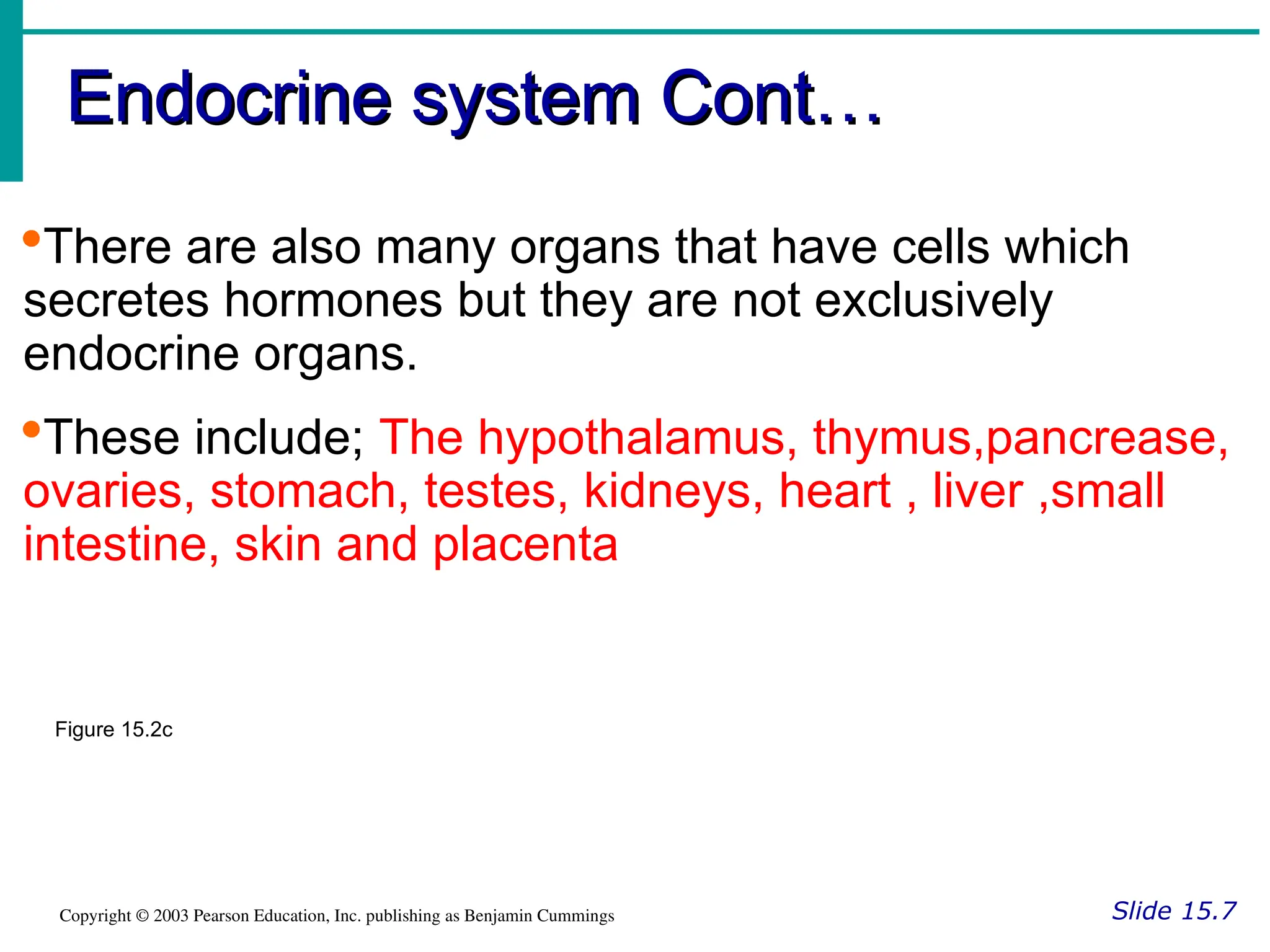 Endocrine system Cont…
Endocrine system Cont…
Slide 15.7
Copyright © 2003 Pearson Education, Inc. publishing as Benjamin Cummings
Figure 15.2c
There are also many organs that have cells which
secretes hormones but they are not exclusively
endocrine organs.
These include; The hypothalamus, thymus,pancrease,
ovaries, stomach, testes, kidneys, heart , liver ,small
intestine, skin and placenta
 