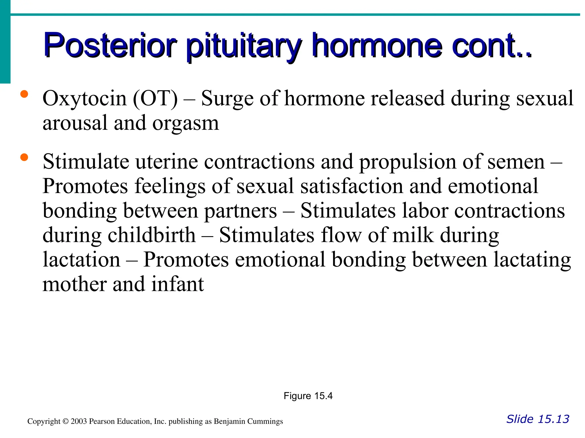 Posterior pituitary hormone cont..
Posterior pituitary hormone cont..
Slide 15.13
Copyright © 2003 Pearson Education, Inc. publishing as Benjamin Cummings
 Oxytocin (OT) – Surge of hormone released during sexual
arousal and orgasm
 Stimulate uterine contractions and propulsion of semen –
Promotes feelings of sexual satisfaction and emotional
bonding between partners – Stimulates labor contractions
during childbirth – Stimulates flow of milk during
lactation – Promotes emotional bonding between lactating
mother and infant
Figure 15.4
 