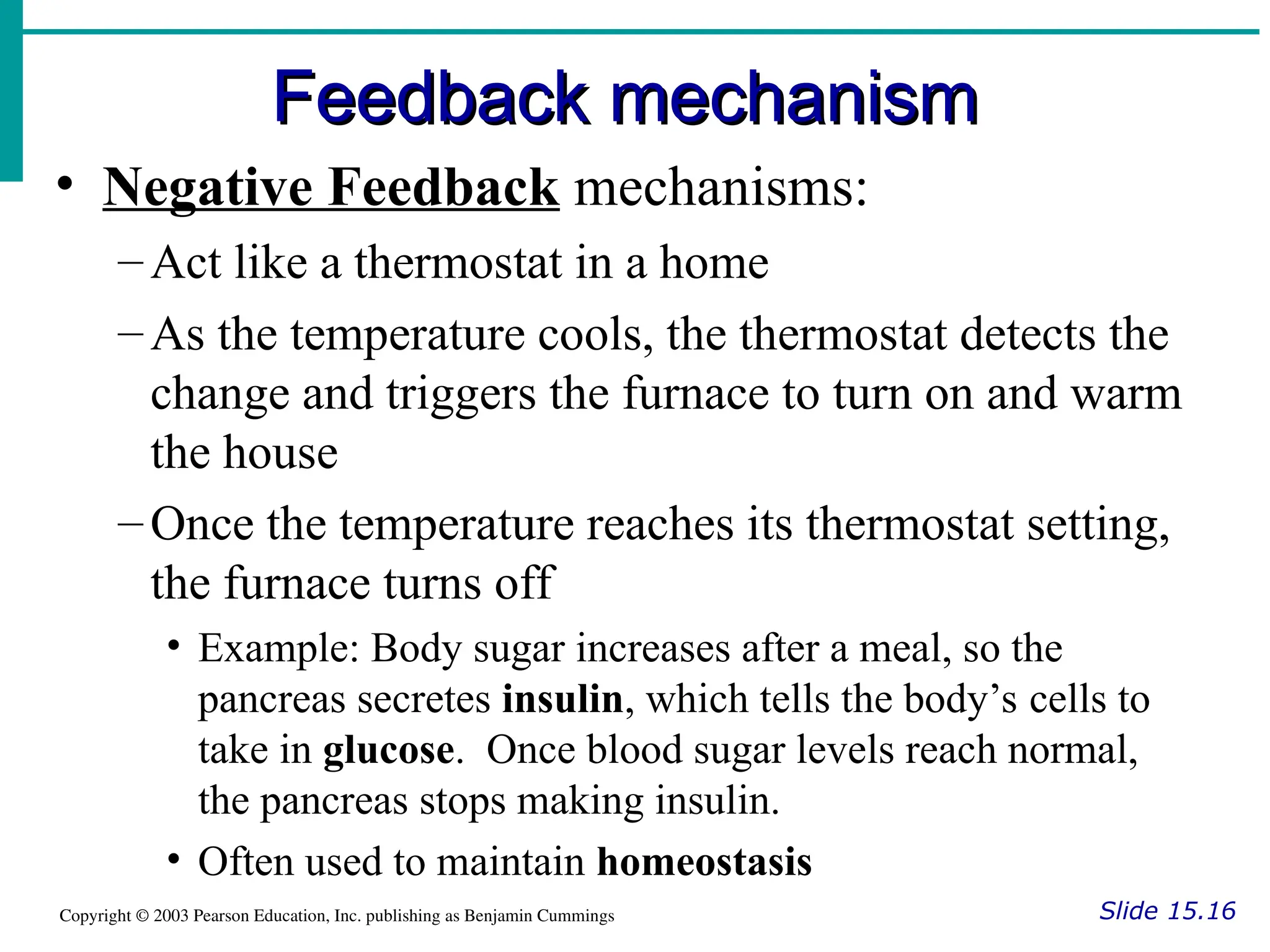 Feedback mechanism
Feedback mechanism
Slide 15.16
Copyright © 2003 Pearson Education, Inc. publishing as Benjamin Cummings
• Negative Feedback mechanisms:
–Act like a thermostat in a home
–As the temperature cools, the thermostat detects the
change and triggers the furnace to turn on and warm
the house
–Once the temperature reaches its thermostat setting,
the furnace turns off
• Example: Body sugar increases after a meal, so the
pancreas secretes insulin, which tells the body’s cells to
take in glucose. Once blood sugar levels reach normal,
the pancreas stops making insulin.
• Often used to maintain homeostasis
 