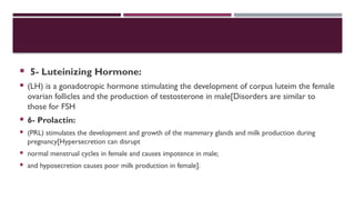  5- Luteinizing Hormone:
 (LH) is a gonadotropic hormone stimulating the development of corpus luteim the female
ovarian follicles and the production of testosterone in male[Disorders are similar to
those for FSH
 6- Prolactin:
 (PRL) stimulates the development and growth of the mammary glands and milk production during
pregnancy[Hypersecretion can disrupt
 normal menstrual cycles in female and causes impotence in male;
 and hyposecretion causes poor milk production in female].
 