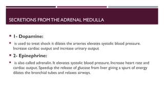 SECRETIONS FROMTHE ADRENAL MEDULLA
 1- Dopamine:
 is used to treat shock it dilates the arteries elevates systolic blood pressure.
Increase cardiac output and increase urinary output
 2- Epinephrine:
 is also called adrenalin. It elevates systolic blood pressure. Increase heart rate and
cardiac output. Speedup the release of glucose from liver giving a spurt of energy
dilates the bronchial tubes and relaxes airways.
 