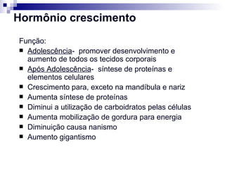 Hormônio crescimento Função: Adolescência -  promover desenvolvimento e aumento de todos os tecidos corporais Após Adolescência -  síntese de proteínas e elementos celulares Crescimento para, exceto na mandíbula e nariz Aumenta síntese de proteínas Diminui a utilização de carboidratos pelas células Aumenta mobilização de gordura para energia Diminuição causa nanismo Aumento gigantismo 