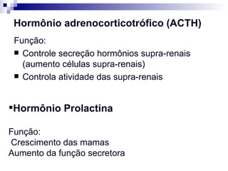 Hormônio adrenocorticotrófico (ACTH) Função: Controle secreção hormônios supra-renais (aumento células supra-renais) Controla atividade das supra-renais    Hormônio Prolactina Função:  Crescimento das mamas Aumento da função secretora 