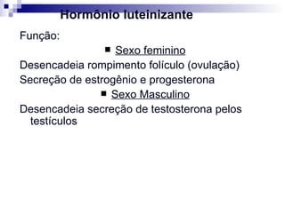 Hormônio luteinizante Função: Sexo feminino Desencadeia rompimento folículo (ovulação)  Secreção de estrogênio e progesterona Sexo Masculino Desencadeia secreção de testosterona pelos testículos   