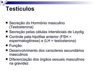 Testículos   Secreção do Hormônio masculino (Testosterona) Secreção pelas células intersticiais de Leydig Controle pela hipófise anterior (FSH = espermatogênese) e (LH = testosterona) Função: Desenvolvimento dos caracteres secundários masculinos Diferenciação dos órgãos sexuais masculinos na gravidez 