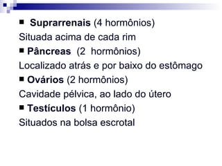 Suprarrenais  (4 hormônios) Situada acima de cada rim Pâncreas  (2  hormônios)  Localizado atrás e por baixo do estômago Ovários  (2 hormônios) Cavidade pélvica, ao lado do útero  Testículos  (1 hormônio) Situados na bolsa escrotal 
