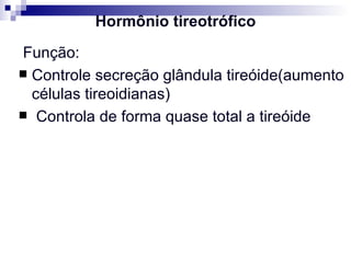       Hormônio tireotrófico Função: Controle secreção glândula tireóide(aumento células tireoidianas)  Controla de forma quase total a tireóide 