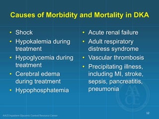 Causes of Morbidity and Mortality in DKA
• Shock
• Hypokalemia during
treatment
• Hypoglycemia during
treatment
• Cerebral edema
during treatment
• Hypophosphatemia
• Acute renal failure
• Adult respiratory
distress syndrome
• Vascular thrombosis
• Precipitating illness,
including MI, stroke,
sepsis, pancreatitis,
pneumonia
12
 