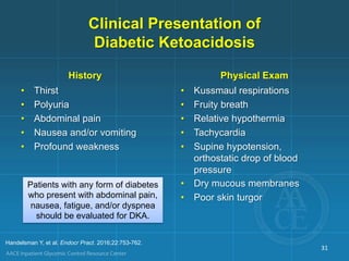 Clinical Presentation of
Diabetic Ketoacidosis
History
• Thirst
• Polyuria
• Abdominal pain
• Nausea and/or vomiting
• Profound weakness
Physical Exam
• Kussmaul respirations
• Fruity breath
• Relative hypothermia
• Tachycardia
• Supine hypotension,
orthostatic drop of blood
pressure
• Dry mucous membranes
• Poor skin turgor
31
Handelsman Y, et al. Endocr Pract. 2016;22:753-762.
Patients with any form of diabetes
who present with abdominal pain,
nausea, fatigue, and/or dyspnea
should be evaluated for DKA.
 