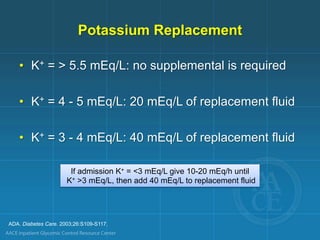 ADA. Diabetes Care. 2003;26:S109-S117.
Potassium Replacement
• K+ = > 5.5 mEq/L: no supplemental is required
• K+ = 4 - 5 mEq/L: 20 mEq/L of replacement fluid
• K+ = 3 - 4 mEq/L: 40 mEq/L of replacement fluid
If admission K+ = <3 mEq/L give 10-20 mEq/h until
K+ >3 mEq/L, then add 40 mEq/L to replacement fluid
 