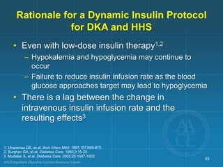Rationale for a Dynamic Insulin Protocol
for DKA and HHS
• Even with low-dose insulin therapy1,2
– Hypokalemia and hypoglycemia may continue to
occur
– Failure to reduce insulin infusion rate as the blood
glucose approaches target may lead to hypoglycemia
• There is a lag between the change in
intravenous insulin infusion rate and the
resulting effects3
1. Umpierrez GE, et al. Arch Intern Med. 1997;157:669-675.
2. Burghen GA, et al. Diabetes Care. 1980;3:15-20.
3. Mudaliar S, et al. Diabetes Care. 2002;25:1597-1602.
65
 