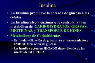 Insulina La Insulina promueve la entrada de glucosa a las células La Insulina afecta enzimas que controla la tasa metabólica de  CARBOHYDRATOS, GRASAS, PROTEINAS, y TRANSPORTE DE IONES Metabolismo de Carbohidratos Estimula utilización de glucosa, su almacenamiento e INHIBE formación de glucosa La Insulina actua en HIGADO dependiendo de los niveles de GLUCOSA 
