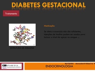 ENDOCRINOLOGIA Tratamento Medicação: Se dieta e exercício não são suficientes,  injecções de insulina podem ser usados para baixar o nível de açúcar no sangue.  (3) ESTRUTURA DA INSULINA (i) AUTORA:  Annabell Ribeiro Faria 