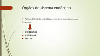 Órgãos do sistema endócrino
 As GLÂNDULAS são os órgãos que formam o sistema endócrino.
Podem ser :
 ENDÓCRINAS
 EXÓCRINAS
 MISTAS
 