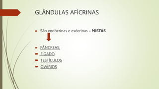 GLÂNDULAS AFÍCRINAS
 São endócrinas e exócrinas = MISTAS
 PÂNCREAS;
 FÍGADO
 TESTÍCULOS
 OVÁRIOS
 