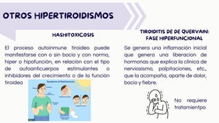 OTROS HIPERTIROIDISMOS
El proceso autoinmune tiroideo puede
manifestarse con o sin bocio y con normo,
hiper o hipofunción, en relación con el tipo
de autoanticuerpos estimulantes o
inhibidores del crecimiento o de la función
tiroidea
TIROIDITIS DE DE QUERVAIN:
FASE HIPERFUNCIONAL
HASHITOXICOSIS
Se genera una inflamación inicial
que genera una liberacion de
hormonas que explica la clínica de
nerviosismo, palpitaciones, etc.,
que la acompaña, aparte de dolor,
bocio y fiebre.
No requiere
tratamientpo
 