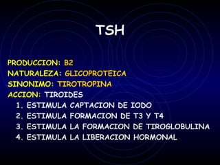 TSH

PRODUCCION: B2
NATURALEZA: GLICOPROTEICA
SINONIMO: TIROTROPINA
ACCION: TIROIDES
  1. ESTIMULA CAPTACION DE IODO
  2. ESTIMULA FORMACION DE T3 Y T4
  3. ESTIMULA LA FORMACION DE TIROGLOBULINA
  4. ESTIMULA LA LIBERACION HORMONAL
 