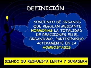 DEFINICIÓN

            CONJUNTO DE ORGANOS
            QUE REGULAN MEDIANTE
           HORMONAS LA TOTALIDAD
             DE REACCIONES EN EL
          ORGANISMO, PARTICIPANDO
             ACTIVAMENTE EN LA
                HOMEOSTASIS


SIENDO SU RESPUESTA LENTA Y DURADERA
 