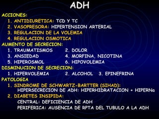 ADH
ACCIONES:
  1. ANTIDIURETICA: TCD Y TC
  2. VASOPRESORA: HIPERTENSION ARTERIAL
  3. REGULACION DE LA VOLEMIA
  4. REGULACION OSMOTICA
AUMENTO DE SECRECION:
  1. TRAUMATISMOS       2. DOLOR
  3. ANSIEDAD           4. MORFINA, NICOTINA
  5. HIPEROSMOL         6. HIPOVOLEMIA
DISMINUCION DE SECRECION:
  1. HIPERVOLEMIA       2. ALCOHOL 3. EPINEFRINA
PATOLOGIA
  1. SINDROME DE SCHWARTZ-BARTTER (SIHAD):
      HIPERSECRECION DE ADH: HIPERHIDRATACION + HIPERNa
  2. DIABETES INSIPIDA:
      CENTRAL: DEFICIENCIA DE ADH
      PERIFERICA: AUSENCIA DE RPTA DEL TUBULO A LA ADH
 
