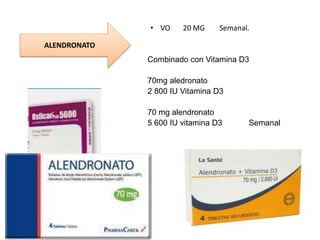 ALENDRONATO
• VO 20 MG Semanal.
Combinado con Vitamina D3
70mg aledronato
2 800 IU Vitamina D3
70 mg alendronato
5 600 IU vitamina D3 Semanal
 