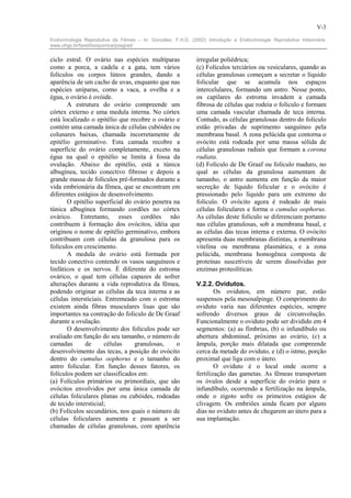 V-3

Endocrinologia Reprodutiva da Fêmea – In: González, F.H.D. (2002) Introdução a Endocrinologia Reprodutiva Veterinária.
www.ufrgs.br/favet/bioquimica/posgrad/


ciclo estral. O ovário nas espécies multíparas                irregular poliédrica;
como a porca, a cadela e a gata, tem vários                   (c) Folículos terciários ou vesiculares, quando as
folículos ou corpos lúteos grandes, dando a                   células granulosas começam a secretar o líquido
aparência de um cacho de uvas, enquanto que nas               folicular que se acumula nos espaços
espécies uníparas, como a vaca, a ovelha e a                  intercelulares, formando um antro. Nesse ponto,
égua, o ovário é ovóide.                                      os capilares do estroma invadem a camada
       A estrutura do ovário compreende um                    fibrosa de células que rodeia o folículo e formam
córtex externo e uma medula interna. No córtex                uma camada vascular chamada de teca interna.
está localizado o epitélio que recobre o ovário e             Contudo, as células granulosas dentro do folículo
contém uma camada única de células cubóides ou                estão privadas de suprimento sanguíneo pela
colunares baixas, chamada incorretamente de                   membrana basal. A zona pelúcida que contorna o
epitélio germinativo. Esta camada recobre a                   ovócito está rodeada por uma massa sólida de
superfície do ovário completamente, exceto na                 células granulosas radiais que formam a corona
égua na qual o epitélio se limita à fossa da                  radiata.
ovulação. Abaixo do epitélio, está a túnica                   (d) Folículo de De Graaf ou folículo maduro, no
albugínea, tecido conectivo fibroso e depois a                qual as células da granulosa aumentam de
grande massa de folículos pré-formados durante a              tamanho, o antro aumenta em função da maior
vida embrionária da fêmea, que se encontram em                secreção de líquido folicular e o ovócito é
diferentes estágios de desenvolvimento.                       pressionado pelo líquido para um extremo do
       O epitélio superficial do ovário penetra na            folículo. O ovócito agora é rodeado de mais
túnica albugínea formando cordões no córtex                   células foliculares e forma o cumulus oophorus.
ovárico. Entretanto, esses cordões não                        As células deste folículo se diferenciam portanto
contribuem à formação dos ovócitos, idéia que                 nas células granulosas, sob a membrana basal, e
originou o nome de epitélio germinativo, embora               as células das tecas interna e externa. O ovócito
contribuam com células da granulosa para os                   apresenta duas membranas distintas, a membrana
folículos em crescimento.                                     vitelina ou membrana plasmática, e a zona
       A medula do ovário está formada por                    pelúcida, membrana homogênea composta de
tecido conectivo contendo os vasos sanguíneos e               proteínas suscetíveis de serem dissolvidas por
linfáticos e os nervos. É diferente do estroma                enzimas proteolíticas.
ovárico, o qual tem células capazes de sofrer
alterações durante a vida reprodutiva da fêmea,               V.2.2. Ovidutos.
podendo originar as células da teca interna e as                      Os ovidutos, em número par, estão
células intersticiais. Entremeado com o estroma               suspensos pela mesosalpinge. O comprimento do
existem ainda fibras musculares lisas que são                 oviduto varia nas diferentes espécies, sempre
importantes na contração do folículo de De Graaf              sofrendo diversos graus de circunvolução.
durante a ovulação.                                           Funcionalmente o oviduto pode ser dividido em 4
       O desenvolvimento dos folículos pode ser               segmentos: (a) as fímbrias, (b) o infundíbulo ou
avaliado em função do seu tamanho, o número de                abertura abdominal, próximo ao ovário, (c) a
camadas       de      células    granulosas,     o            âmpula, porção mais dilatada que compreende
desenvolvimento das tecas, a posição do ovócito               cerca da metade do oviduto, e (d) o istmo, porção
dentro do cumulus oophorus e o tamanho do                     proximal que liga com o útero.
antro folicular. Em função desses fatores, os                         O oviduto é o local onde ocorre a
folículos podem ser classificados em:                         fertilização das gametas. As fêmeas transportam
(a) Folículos primários ou primordiais, que são               os óvulos desde a superfície do ovário para o
ovócitos envolvidos por uma única camada de                   infundíbulo, ocorrendo a fertilização na âmpula,
células foliculares planas ou cubóides, rodeadas              onde o zigoto sofre os primeiros estágios de
de tecido intersticial;                                       clivagem. Os embriões ainda ficam por alguns
(b) Folículos secundários, nos quais o número de              dias no oviduto antes de chegarem ao útero para a
células foliculares aumenta e passam a ser                    sua implantação.
chamadas de células granulosas, com aparência
 