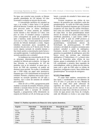 V-11

Endocrinologia Reprodutiva da Fêmea – In: González, F.H.D. (2002) Introdução a Endocrinologia Reprodutiva Veterinária.
www.ufrgs.br/favet/bioquimica/posgrad/


Na égua, que constitui uma exceção, se liberam                luteal, a secreção de estradiol é bem menor que
grandes quantidades de LH durante 8-9 dias                    na fase folicular.
ocorrendo a ovulação no terceiro dia do estro.                       Existem receptores nas células da teca
        A concentração periférica de estradiol na             interna e da granulosa que controlam a ação das
vaca e na ovelha é muito baixa (1-10 pg/ml),                  gonadotropinas. As ações do FSH estão restritas
difícil de detectar. Contudo, são níveis suficientes          às células da granulosa enquanto que a LH possui
para provocar todos os efeitos fisiológicos                   receptores nos dois tipos de células foliculares,
mencionados. O maior aumento de estradiol                     bem como nas células intersticiais e nas células
ocorre durante a fase folicular (2-3 dias), com               do corpo lúteo. As duas gonadotropinas atuam
pico no estro. O estradiol começa a aumentar                  através da ativação da enzima adenilciclase na
como consequência da queda da progesterona                    membrana plasmática, a qual forma cAMP a
após a luteólise, tendo incrementos de 5 a 10                 partir de ATP. A ação do cAMP promove as
vezes em 2 a 3 dias. A maior parte desse estradiol            mudanças metabólicas que caracterizam a ação
provém do folículo destinado a ovular. Alguns                 gonadotrópica,     normalmente      através     da
trabalhos mencionam picos secundários de                      fosforilação de proteína-quinases. O FSH
estradiol, fora do estro, no 4º dia do ciclo. De fato         estimula a atividade do complexo aromatase para
ocorre alguma secreção de estradiol durante a                 produzir estradiol a partir de andrógenos.
fase luteal, porém a concentrações muito baixas e             Entretanto, devido à limitação das células da
sem padrão aparente. A androstenediona tem uma                granulosa na quantidade de andrógenos, pois têm
secreção paralela com o estradiol.                            baixos níveis das enzimas que sintetizam
        As mudanças nas concentrações de LH são               andrógenos (17-hidroxilases e C17,20-liases) estes
os principais determinantes da secreção de                    devem ser fornecidos pelas células da teca
estradiol no folículo pré-ovulatório. Ao longo da             interna, graças à estimulação do LH. A ação do
fase folicular, as concentrações de LH são                    LH, considerado o primeiro fator regulador da
paralelas com as de estradiol, ao passo que os                esteroidogênese, sobre as células da teca interna,
níveis de FSH são constantes ou podem até                     junto com a ação do FSH sobre as células da
diminuir nesse período. Na ovelha, é considerado              granulosa, configuram a teoria “duas células-duas
que o FSH tenha um papel mais permissivo,                     gonadotropinas” da secreção de estrógenos.
enquanto que o LH é determinante na secreção de
estradiol. Portanto, a hipótese mais aceita é que o           V.3.3.3. Fase luteal
aumento na secreção episódica de LH após a                           O corpo lúteo maduro, característico da
luteólise, seja a causa do aumento do estradiol               fase luteal, é arredondado com um diâmetro de
pré-ovulatório.                                               20 a 25 mm e 5 g de peso na vaca. Metade da
        Além do LH e o FSH, a progesterona pode               massa do corpo lúteo pode sobressair da
modular a secreção de estradiol. Primeiro, porque             superfície do ovário, sendo mais notório em
inibindo a secreção tônica de LH, a progesterona              vacas Bos taurus do que em Bos indicus. A cor
indiretamente inibe a secreção de estradiol.                  amarela do corpo lúteo é devida aos carotenos. O
Segundo, a progesterona influi diretamente na                 ovário da égua possui uma fossa da ovulação,
resposta do folículo ao LH, de forma que na fase              onde são liberados os óvulos e seu corpo lúteo



 Tabela V-3. Padrões reprodutivos de fêmeas de várias espécies domésticas.

  Espécie              Puberdade         Duração do ciclo         Duração do estro           Duração da
                        (meses)            estral (dias)               (dias)               gestação (dias)
  Vaca                     12                   21                       0,5                      280
  Ovelha                   6-8                  17                       1,5                      150
  Cabra                    4-8                  21                       1-3                      150
  Égua                   18-20                  22                        7                       330
  Porca                   5-10                  21                       2-3                      114
  Cadela                  6-12            2-3 ciclos/ano                 7-9                     58-63
  Gata                   7-12             2-3 ciclos/ano                4-10                      63
 