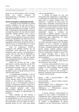 VII-10

Endocrinologia do Pós-Parto e da Lactação – In: González, F.H.D. (2002) Introdução a Endocrinologia Reprodutiva Veterinária.
www.ufrgs.br/favet/bioquimica/posgrad/


apesar de seu efeito inibitório sobre a lactação,                estão as imunoglobulinas.
devido      aos     efeitos     colaterais     de                       A maioria da gordura do leite está
hiperestrogenismo e ninfomania, com possível                     representada pelos triglicerídios. A quantidade e
formação de cistos.                                              a composição dos triglicerídios do leite variam
                                                                 muito entre as espécies (Tabela VII-3). Nos
VII.2.4. Formação e composição do leite.                         ruminantes, a proporção de ácidos graxos de
       A formação do leite demanda um enorme                     cadeia curta e insaturados é bem maior que nos
trabalho metabólico. Em uma vaca leiteira, é                     monogástricos. Os precursores dos ácidos graxos
requerida a passagem de 450 litros de sangue                     sintetizados no tecido mamário incluem glicose,
pela glândula mamária para produzir 1 litro de                   acetato e β-hidroxibutirato. Entretanto, alguns
leite. A quantidade de leite produzido varia muito               ácidos graxos provenientes da dieta ou do
em função da espécie e da raça, além da variação                 metabolismo       ruminal     e    intestinal     são
individual. Algumas espécies, como a vaca, a                     incorporados à glândula mamária a partir do
cabra e a ovelha foram selecionadas                              sangue. Uma grande proporção de triglicerídios
geneticamente para produzir leite para o consumo                 transportados pelas lipoproteínas do sangue
humano, em quantidades que estão além de suas                    entram na glândula mamária.
necessidades biológicas. De forma geral, as                             Aproximadamente 25% dos ácidos graxos
quantidades diárias de leite produzidas são de 11                do leite são derivados da dieta e 50% do plasma
a 45 kg na vaca, 9 a 23 kg na égua, 1,3 a 7 kg na                sanguíneo. O resto é elaborado na glândula
cabra, 1 a 4,5 kg na ovelha, e 2 a 9 kg na porca.                mamária a partir de precursores, principalmente
       Entre     os    componentes      exclusivos,              de acetato. A glândula mamária possui a enzima
sintetizados pela glândula mamária que são                       glicerol quinase, podendo portanto produzir
considerados como indicadores do processo                        glicerol-3-fosfato a partir de glicerol livre, para a
lactogênico estão a lactose, a α-lactalbumina, a                 síntese de triglicerídios. Contudo, cerca de 70%
caseína, além de certo tipo de triglicerídios e                  do glicerol necessário para a síntese de
citrato em ruminantes. A proporção dos                           triglicerídios na glândula mamária provém da
diferentes componentes do leite nas espécies                     glicose sanguínea.
varia especialmente quanto a gordura, proteína e                        Os ácidos graxos de cadeia média (8-12 C)
lactose (Tabela VII-3).                                          são característicos do leite não sendo possível
       Dentro das proteínas do leite, a mais                     encontrá-los em outros tecidos.
importante é a caseína, que perfaz cerca de 90%                         A lactose, açúcar primário do leite, é um
das proteínas lácteas. Existem vários tipos                      dissacarídeo que constitui o maior regulador
identificados de caseínas: α, β, γ e κ. As caseínas              osmótico da célula mamária funcional, sendo
se agregam formando grânulos insolúveis                          portanto sua concentração o principal
chamados micelas. As demais proteínas do leite                   determinante do volume de leite secretado. A
estão em forma solúvel.                                          galactose é originada a partir de glicose mediante
       A α-lactalbumina corresponde a 2-5% do                    a seguinte série de reações:
total de proteínas e funciona como uma das
subunidades da enzima lactose sintetase. A                       glicose + ATP → glicose-6-fosfato + ADP
lactose sintetase consta de duas proteínas, a                    (enzima: hexoquinase)
proteína A, uma galactosil transferase, e a                      glicose-6-fosfato → glicose-1-fosfato (enzima:
proteína B, que é a α-lactalbumina. Durante a                    fosfoglicomutase)
gestação, a progesterona impede a síntese de α-                  glicose-1-fosfato +UTP → UDP-glicose + PPi
lactalbumina, mas não da galactosil transferase, a               (enzima: UDP-glicose pirofosforilase)
qual     transfere    galactose     sobre    outros              UDP-glicose → UDP-galactose (enzima:
monossacarídeos diferentes de glicose para                       UDP-galactose 4-epimerase)
participar na formação de oligossacarídeos de
membrana.                                                              A lactose isomerase, enzima limitante na
       Outras proteínas do leite incluem a                       secreção de leite, catalisa a transferência de
β-lactalbumina (7-12%), albumina sérica (1%) e                   UDP-galactose sobre a glicose para dar lactose.
as imunoglobulinas G, M e A (1,3-2,8%). Os                       A glicose que não é utilizada para a síntese de
precursores para a síntese das proteínas do leite                lactose vai para síntese de glicerol e fornecimento
são aminoácidos livres do sangue em 90% e                        de energia. A disponibilidade de glicose
proteínas séricas em 10%. Entre estas últimas                    sanguínea é um fator limitante para a síntese de
 