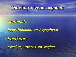 Indeling niveau organenIndeling niveau organen
• Centraal:Centraal:
hypothalamus en hypophysehypothalamus en hypophyse
• Perifeer:Perifeer:
ovarium, uterus en vaginaovarium, uterus en vagina
 