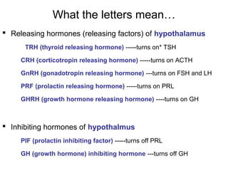 What the letters mean…
 Releasing hormones (releasing factors) of hypothalamus
TRH (thyroid releasing hormone) -----turns on* TSH
CRH (corticotropin releasing hormone) -----turns on ACTH
GnRH (gonadotropin releasing hormone) ---turns on FSH and LH
PRF (prolactin releasing hormone) -----turns on PRL
GHRH (growth hormone releasing hormone) ----turns on GH
 Inhibiting hormones of hypothalmus
PIF (prolactin inhibiting factor) -----turns off PRL
GH (growth hormone) inhibiting hormone ---turns off GH
 