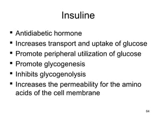 Insuline
 Antidiabetic hormone
 Increases transport and uptake of glucose
 Promote peripheral utilization of glucose
 Promote glycogenesis
 Inhibits glycogenolysis
 Increases the permeability for the amino
acids of the cell membrane
64
 