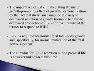  The importance of IGF-I in mediating the major
growth-promoting effect of growth hormone is shown
by the fact that dwarfism cannot be due only to
decreased secretion of growth hormone but also to
decreased production of IGF-I or even failure of the
tissues to respond to IGF-I.
 IGF-I is required for normal fetal total-body growth
and, specifically, for normal maturation of the fetal
nervous system.
 The stimulus for IGF-I secretion during prenatal life
is however unknown at this time.
 