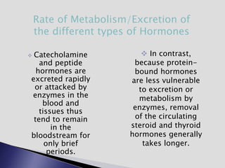  Catecholamine
and peptide
hormones are
excreted rapidly
or attacked by
enzymes in the
blood and
tissues thus
tend to remain
in the
bloodstream for
only brief
periods.
 In contrast,
because protein-
bound hormones
are less vulnerable
to excretion or
metabolism by
enzymes, removal
of the circulating
steroid and thyroid
hormones generally
takes longer.
Rate of Metabolism/Excretion of
the different types of Hormones
 