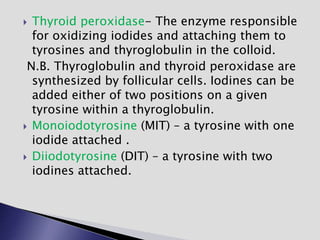  Thyroid peroxidase- The enzyme responsible
for oxidizing iodides and attaching them to
tyrosines and thyroglobulin in the colloid.
N.B. Thyroglobulin and thyroid peroxidase are
synthesized by follicular cells. Iodines can be
added either of two positions on a given
tyrosine within a thyroglobulin.
 Monoiodotyrosine (MIT) – a tyrosine with one
iodide attached .
 Diiodotyrosine (DIT) – a tyrosine with two
iodines attached.
 