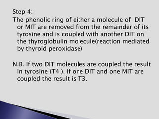Step 4:
The phenolic ring of either a molecule of DIT
or MIT are removed from the remainder of its
tyrosine and is coupled with another DIT on
the thyroglobulin molecule(reaction mediated
by thyroid peroxidase)
N.B. If two DIT molecules are coupled the result
in tyrosine (T4 ). If one DIT and one MIT are
coupled the result is T3.
 