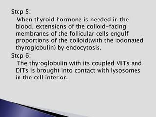 Step 5:
When thyroid hormone is needed in the
blood, extensions of the colloid-facing
membranes of the follicular cells engulf
proportions of the colloid(with the iodonated
thyroglobulin) by endocytosis.
Step 6:
The thyroglobulin with its coupled MITs and
DITs is brought into contact with lysosomes
in the cell interior.
 