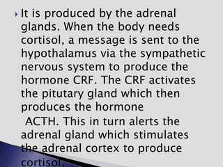  It is produced by the adrenal
glands. When the body needs
cortisol, a message is sent to the
hypothalamus via the sympathetic
nervous system to produce the
hormone CRF. The CRF activates
the pitutary gland which then
produces the hormone
ACTH. This in turn alerts the
adrenal gland which stimulates
the adrenal cortex to produce
cortisol.
 