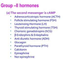 (a)The second messenger is cAMP
 Adrenocorticotropic hormone (ACTH)
 Follicle stimulating hormone (FSH)
 Leuteinzing Hormone (LH)
 Thyroid stimulating hormone (TSH)
 Chorionic gonadotropins (hCG)
 β Endorphins & Enkephalins
 Anti diuretic hormone (ADH)
 Glucagon
 Parathyroid hormone (PTH)
 Calcitonin
 Epinephrine
 Nor-epinephrine
 