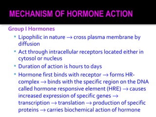 Group I Hormones
 Lipophilic in nature → cross plasma membrane by
diffusion
 Act through intracellular receptors located either in
cytosol or nucleus
 Duration of action is hours to days
 Hormone first binds with receptor → forms HR-
complex → binds with the specific region on the DNA
called hormone responsive element (HRE) → causes
increased expression of specific genes →
transcription → translation → production of specific
proteins → carries biochemical action of hormone
 
