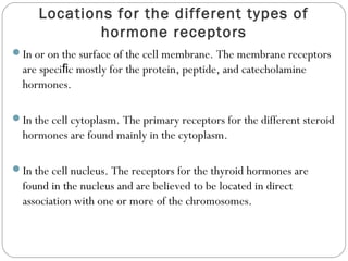Locations for the different types of
hormone receptors
In or on the surface of the cell membrane. The membrane receptors
are speci c mostly for the protein, peptide, and catecholamineﬁ
hormones.
In the cell cytoplasm. The primary receptors for the different steroid
hormones are found mainly in the cytoplasm.
In the cell nucleus. The receptors for the thyroid hormones are
found in the nucleus and are believed to be located in direct
association with one or more of the chromosomes.
 