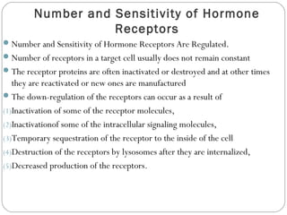 Number and Sensitivity of Hormone
Receptors
Number and Sensitivity of Hormone Receptors Are Regulated.
Number of receptors in a target cell usually does not remain constant
The receptor proteins are often inactivated or destroyed and at other times
they are reactivated or new ones are manufactured
The down-regulation of the receptors can occur as a result of
(1)Inactivation of some of the receptor molecules,
(2)Inactivationof some of the intracellular signaling molecules,
(3)Temporary sequestration of the receptor to the inside of the cell
(4)Destruction of the receptors by lysosomes after they are internalized,
(5)Decreased production of the receptors.
 