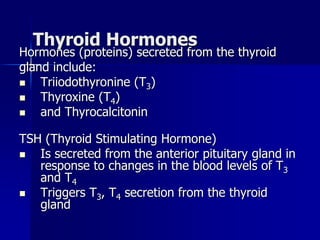 Thyroid Hormones
Hormones (proteins) secreted from the thyroid
gland include:
 Triiodothyronine (T3)
 Thyroxine (T4)
 and Thyrocalcitonin
TSH (Thyroid Stimulating Hormone)
 Is secreted from the anterior pituitary gland in
response to changes in the blood levels of T3
and T4
 Triggers T3, T4 secretion from the thyroid
gland
 