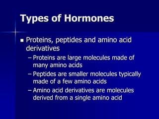 Types of Hormones
 Proteins, peptides and amino acid
derivatives
– Proteins are large molecules made of
many amino acids
– Peptides are smaller molecules typically
made of a few amino acids
– Amino acid derivatives are molecules
derived from a single amino acid
 