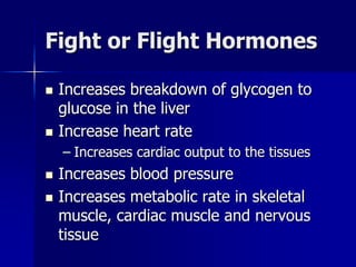 Fight or Flight Hormones
 Increases breakdown of glycogen to
glucose in the liver
 Increase heart rate
– Increases cardiac output to the tissues
 Increases blood pressure
 Increases metabolic rate in skeletal
muscle, cardiac muscle and nervous
tissue
 