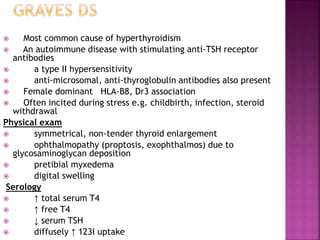  Most common cause of hyperthyroidism
 An autoimmune disease with stimulating anti-TSH receptor
antibodies
 a type II hypersensitivity
 anti-microsomal, anti-thyroglobulin antibodies also present
 Female dominant HLA-B8, Dr3 association
 Often incited during stress e.g. childbirth, infection, steroid
withdrawal
Physical exam
 symmetrical, non-tender thyroid enlargement
 ophthalmopathy (proptosis, exophthalmos) due to
glycosaminoglycan deposition
 pretibial myxedema
 digital swelling
Serology
 ↑ total serum T4
 ↑ free T4
 ↓ serum TSH
 diffusely ↑ 123I uptake
 