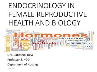 ENDOCRINOLOGY IN
FEMALE REPRODUCTIVE
HEALTH AND BIOLOGY
Dr L.Dabashini Devi
Professor & HOD
Department of Nursing
31/7/2020 1
 