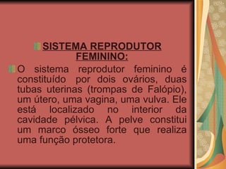 SISTEMA REPRODUTOR FEMININO: O sistema reprodutor feminino é constituído  por dois ovários, duas tubas uterinas (trompas de Falópio), um útero, uma vagina, uma vulva. Ele está localizado no interior da cavidade pélvica. A pelve constitui um marco ósseo forte que realiza uma função protetora. 