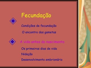 Fecundação Condições de fecundação O encontro dos gametas A vida antes do nascimento Os primeiros dias de vida Nidação Desenvolvimento embrionário 