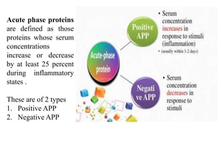 Acute phase proteins
are defined as those
proteins whose serum
concentrations
increase or decrease
by at least 25 percent
during inflammatory
states .
These are of 2 types
1. Positive APP
2. Negative APP
 