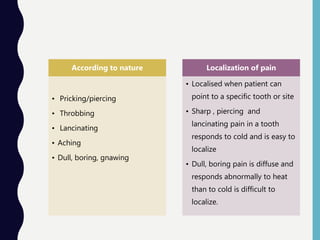 According to nature
• Pricking/piercing
• Throbbing
• Lancinating
• Aching
• Dull, boring, gnawing
Localization of pain
• Localised when patient can
point to a specific tooth or site
• Sharp , piercing and
lancinating pain in a tooth
responds to cold and is easy to
localize
• Dull, boring pain is diffuse and
responds abnormally to heat
than to cold is difficult to
localize.
 