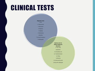 CLINICAL TESTS
Diagnostic tests:
1. EPT
2. Thermal tests
3. Percussion
4. Palpation
5. Mobility
6. Periodontal
evaluation
7. Occlusal evaluation
8. Radiograph
Selective tests for
Difficult Diagnostic
Situations:
9. Test cavity
preparation
10. Anesthetic test
11. Transillumination
12. Biting
13.Staining
14. Gutta percha point
tracing with radiograph
 